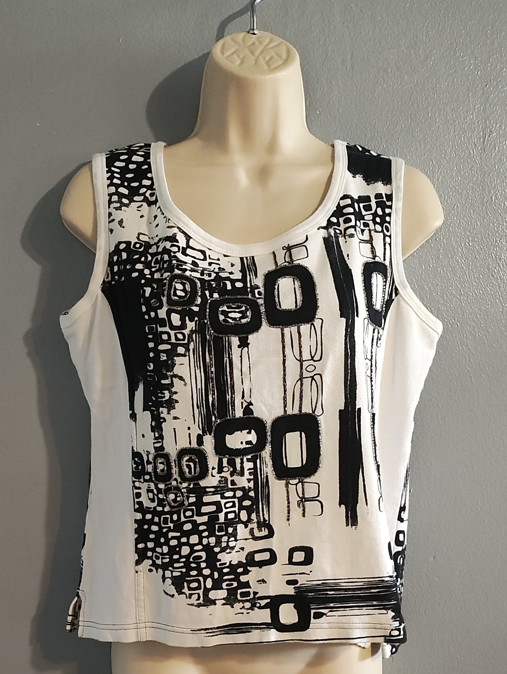 Fashque Women's White Tank Top with Black Abstract Print